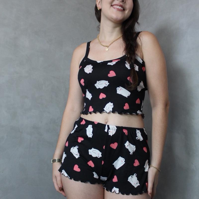 Kit 2 cropped doll Pijama Feminino Suede estampado Variado
