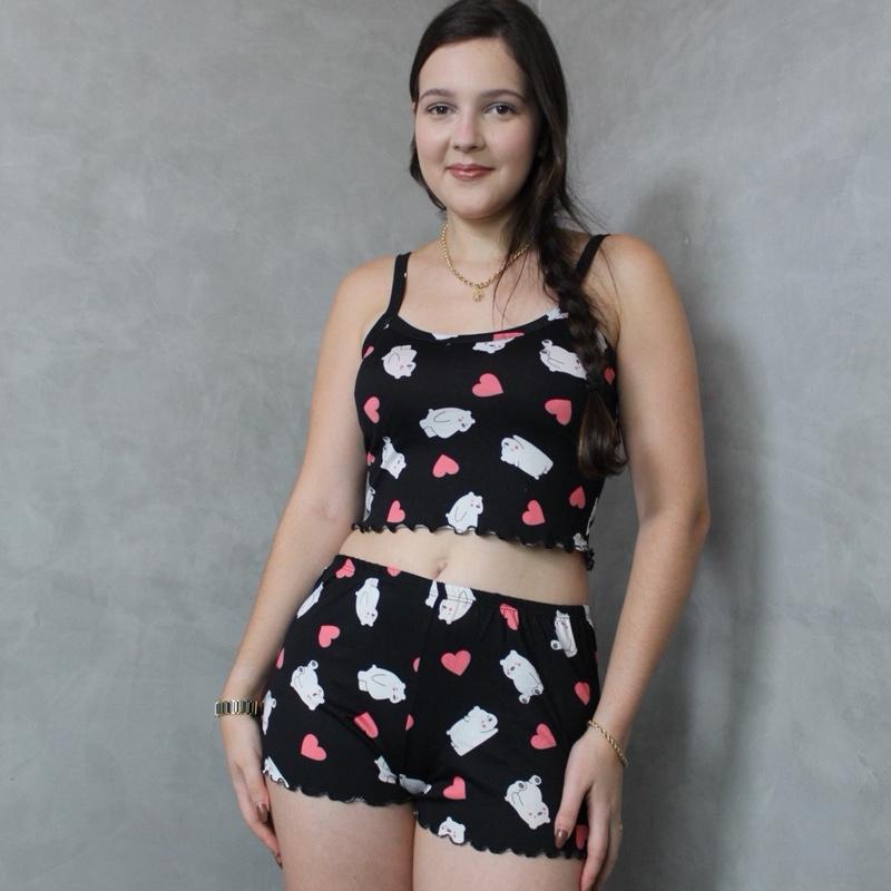 Kit 2 cropped doll Pijama Feminino Suede estampado Variado