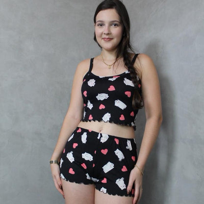 Kit 2 cropped doll Pijama Feminino Suede estampado Variado