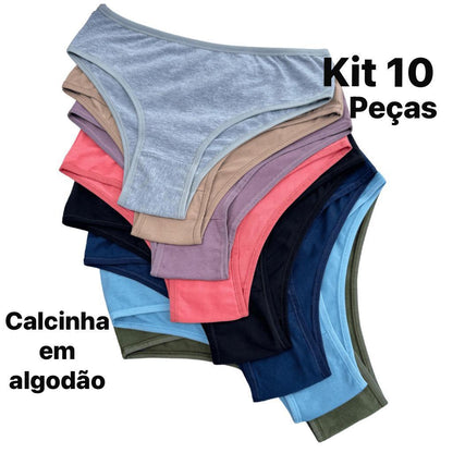 Kit 10 Calcinhas Algodão Conforto Básica Cores Variadas