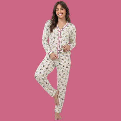 Pijama Americano De Bortões funcionais Suede Inverno Calça