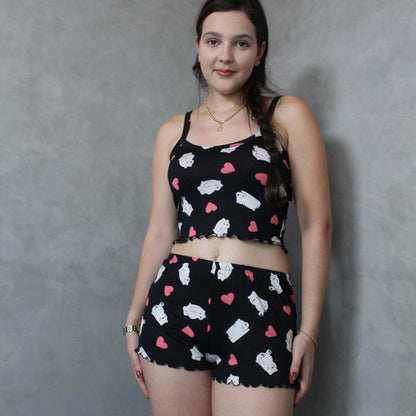 Kit 2 cropped doll Pijama Feminino Suede estampado Variado
