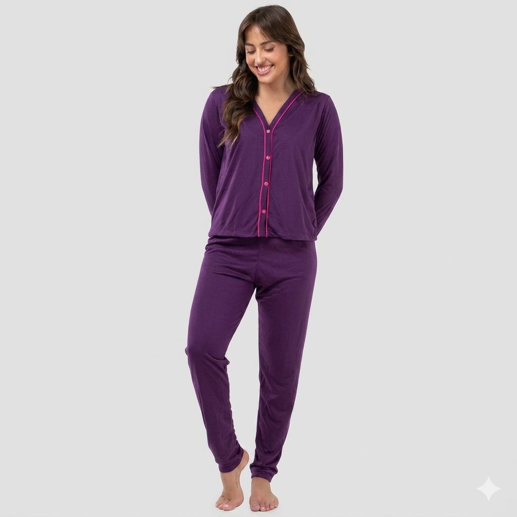 Pijama Americano De Bortões funcionais Suede Inverno Calça