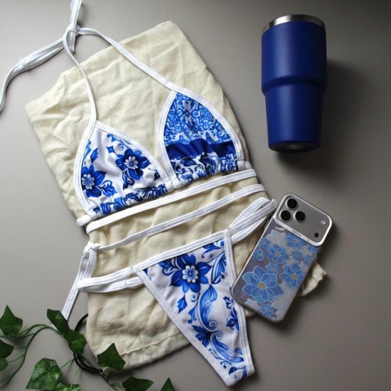 Marquinha Biquini Estampa Azul floral Fio Design Moderno e Confortável para Praia e Piscina