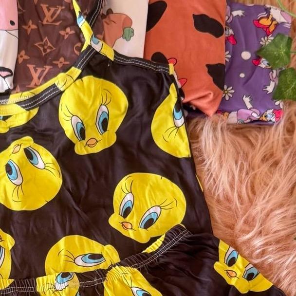 Croped Doll Personagens Animados em Suede feminino Pijama fresquinho com Estampa de Personagens Divertidos