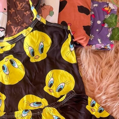 Croped Doll Personagens Animados em Suede feminino Pijama fresquinho com Estampa de Personagens Divertidos