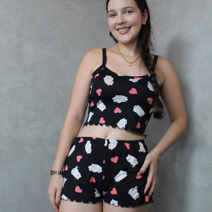 Kit 2 cropped doll Pijama Feminino Suede estampado Variado