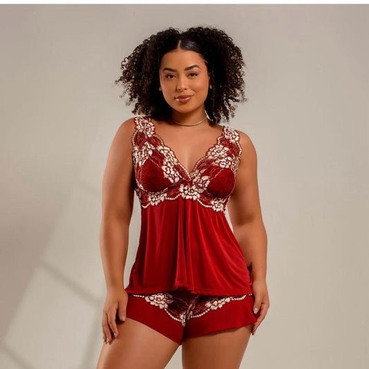 Baby-doll Luxo Bata com Renda Chantilly Vermelho Elegante e Confortável