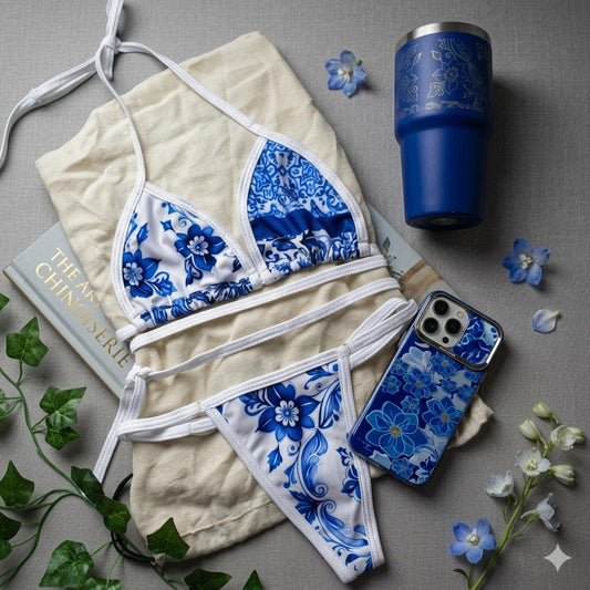 Marquinha Biquini Estampa Azul floral Fio Design Moderno e Confortável para Praia e Piscina