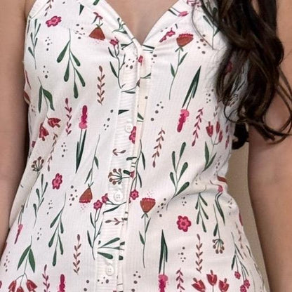 Camisola de Alcinha Canelada com Botões Frontais Estampado Roupa de Dormir Elegante para Viagens e Prática para Uso Diário Tamanhos P ao XG