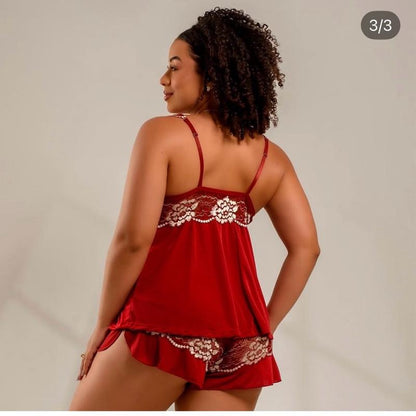 Baby-doll Luxo Bata com Renda Chantilly Vermelho Elegante e Confortável