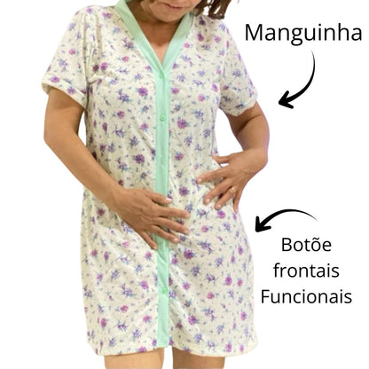 Camisola Manguinha Curta de Botões Pós Operatório Maternidade Feminino