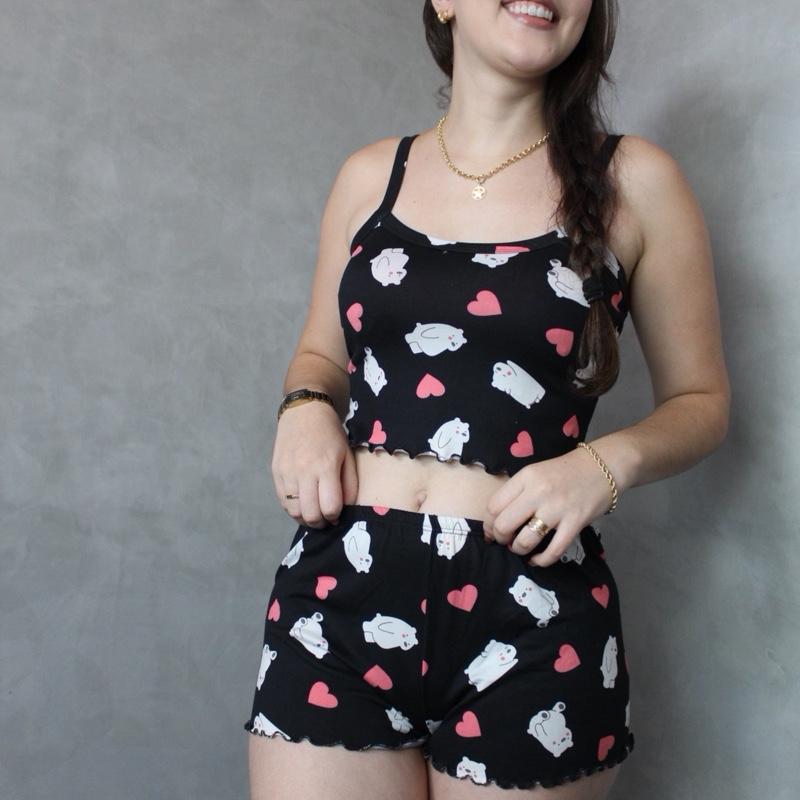 Kit 2 cropped doll Pijama Feminino Suede estampado Variado