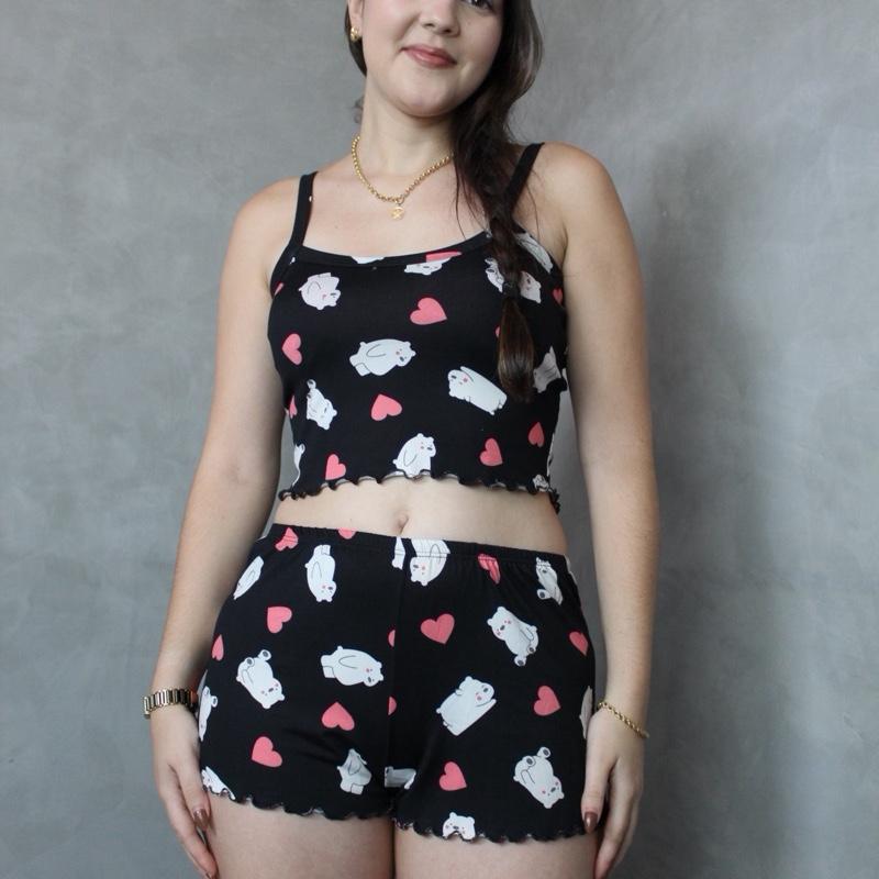 Kit 2 cropped doll Pijama Feminino Suede estampado Variado