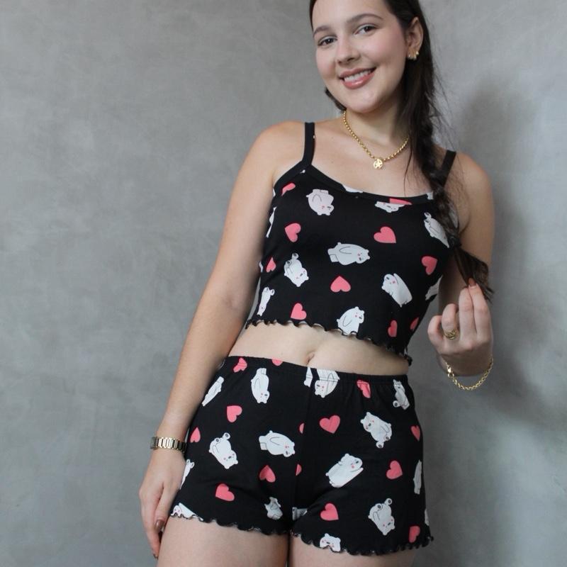 Kit 2 cropped doll Pijama Feminino Suede estampado Variado