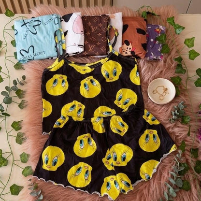 Croped Doll Personagens Animados em Suede feminino Pijama fresquinho com Estampa de Personagens Divertidos