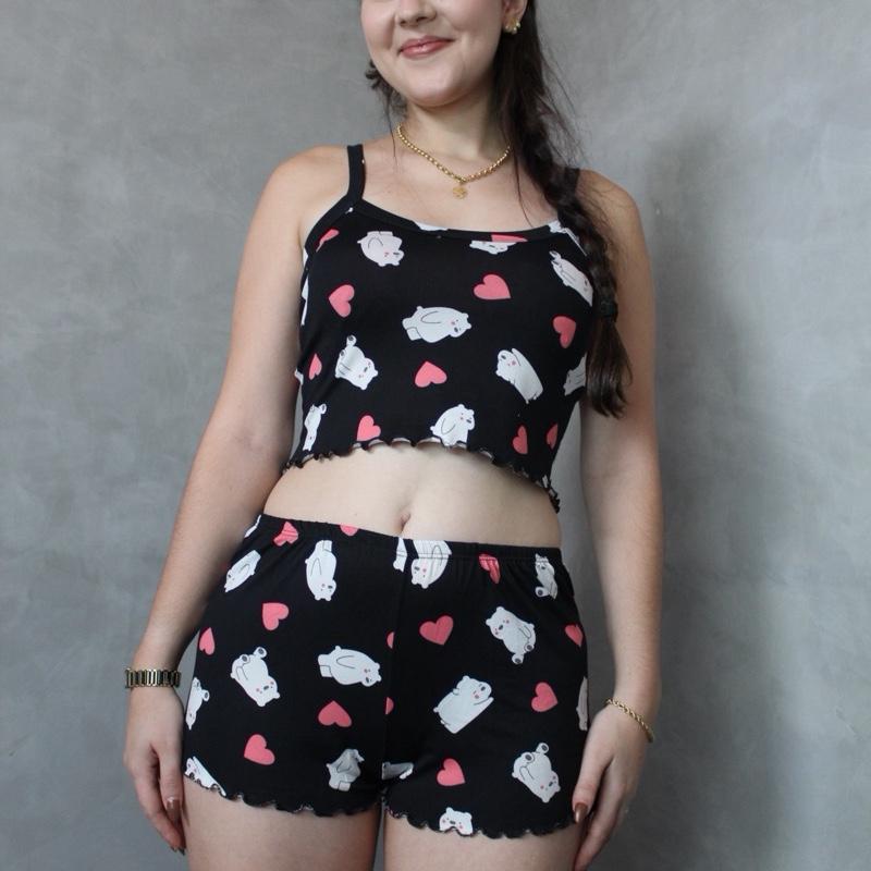 Kit 2 cropped doll Pijama Feminino Suede estampado Variado