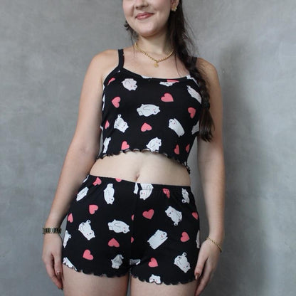 Kit 2 cropped doll Pijama Feminino Suede estampado Variado