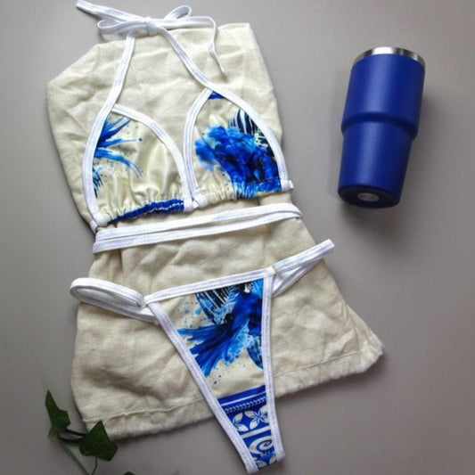 Marquinha Biquini Estampa Azul com Off White Fio Design Moderno e Confortável para Praia e Piscina