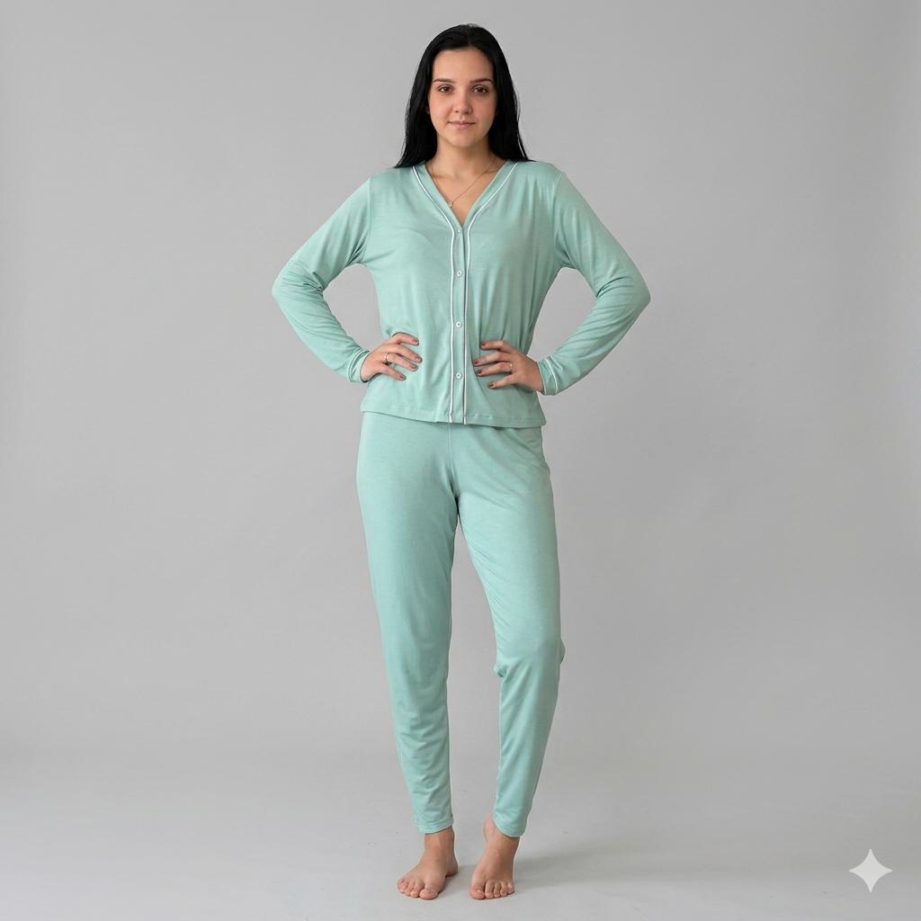 Pijama Americano De Bortões funcionais Suede Inverno Calça