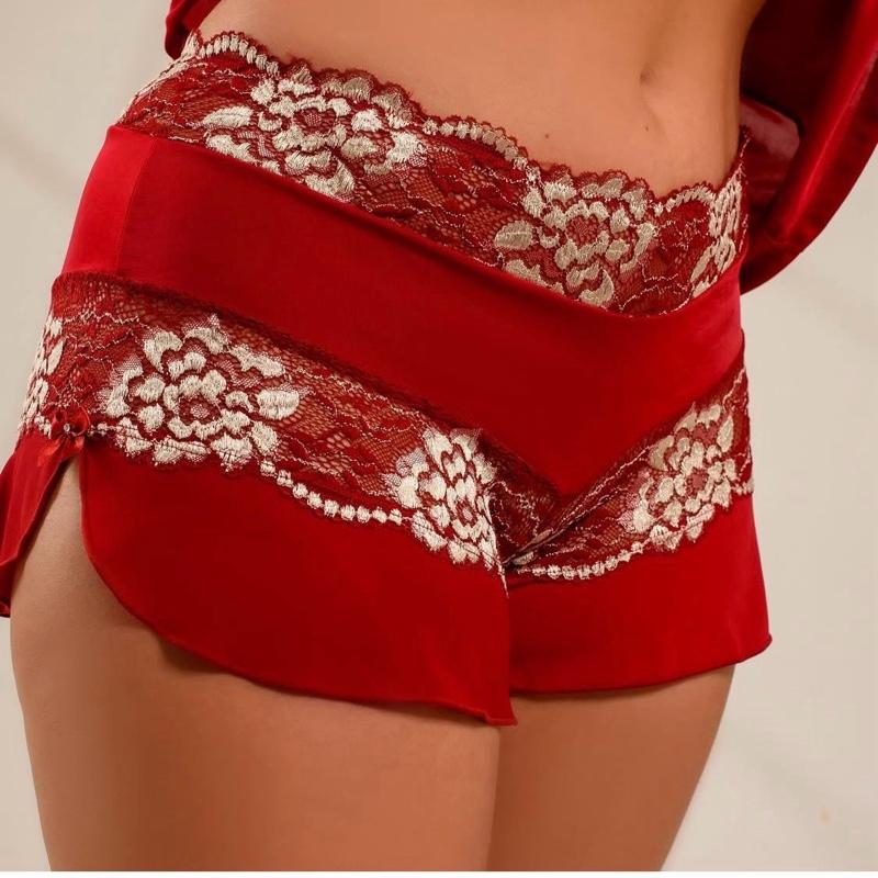 Baby-doll Luxo Bata com Renda Chantilly Vermelho Elegante e Confortável