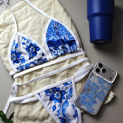 Marquinha Biquini Estampa Azul floral Fio Design Moderno e Confortável para Praia e Piscina