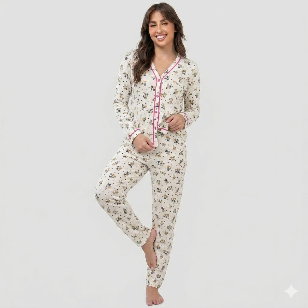 Pijama Americano De Bortões funcionais Suede Inverno Calça